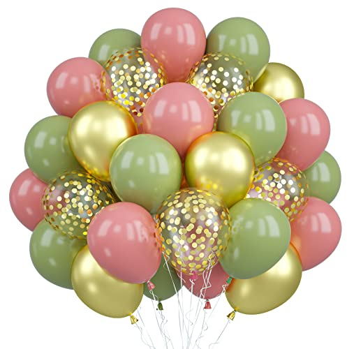 Ballons Rose Vert, 30 Pièces Ballons Rétro Vert Rose Or D'anniversaire, Ballons en Latex Confettis Or Métallique de Ballons Hélium pour Mariage Anniversaire fête Décorations pour Fournitures Bébé