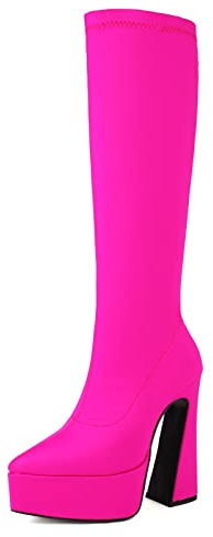 Bviennic Donna Senza Chiusura Moda Plateau Heel Stivali Alti Appuntito Equestrian Eleganti Prom Festa Block Warm Stivali Equitazione Rose-Rosso Numero 43 EU-45Cn