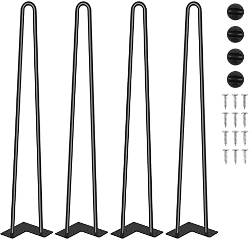 LONENESS Heavy Duty Metal Hairpin Legs 28 - 4 Legs with Screw & Protector Feet for Desk, Bench, Coffee & Dining Tables - 2 Rods/10mm - Black