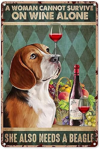 KILSPU Wine Wall Art for Kitchen Beagle A Woman Survive on Wine and A Beagle Poster,Wine Decorations for Bar Metal Sign 8x12 inch