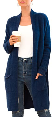 IWOLLENCE Womans Long Boyfriend Cardigan Jumpers Thick Fuzzy Fluffy Knit Sweater Tops for Ladies UK Women's Cardigans (Navy Blue, M)