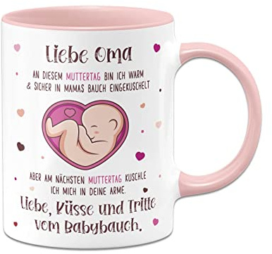 Tassenbrennerei Tasse - Liebe Oma an diesem Muttertag bin ich noch in Mamas Bauch - Geschenk für werdende Oma zur Schwangerschaft - Schwanger (Rosa)