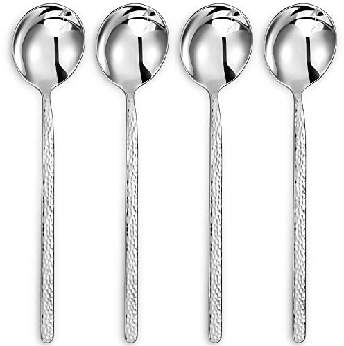 KEAWELL Premium Korean Soup Spoons with Long Handles, Set of 4, 18/10 Stainless Steel, Dishwasher Safe (Hammered)