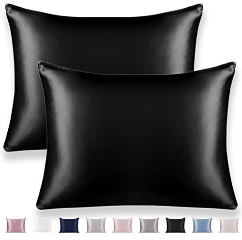 Texbee Seidenkissenbezug Haar- und Hautpflege mit beidseitigem Reißverschluss 22 Momme Seide 2 Stück 40x60cm-Schwarz