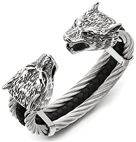 COOLSTEELANDBEYOND Herren Armband aus Edelstahl mit Wolfsköpfen, Dreireihige Verdrehte Kabel Leder Manschette mit Verstellbarer Schnalle