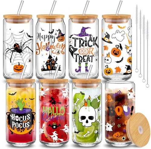 Umigy 8 tazas de café helado con tapas de bambú y popote de vidrio, vaso de cerveza de calabazas, vaso de café helado de otoño, vasos de 16 onzas, accesorios de barra de café, ideales para cócteles,