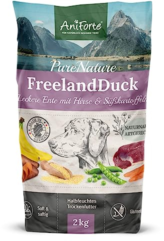 AniForte Ente Trockenfutter für Hunde 2kg – Leckere Ente mit Hirse, Süßkartoffeln & Kräutern, Vitamine für Hunde, Halbfeuchtes Trockenfutter, Hundefutter trocken glutenfrei für Allergiker