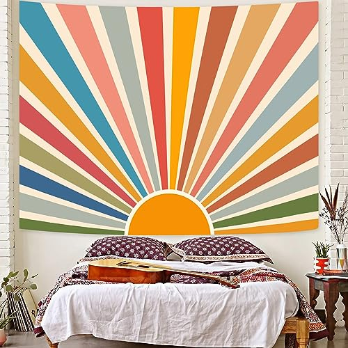 Kanuyee Sonne Tapisserie Wandbehang, Retro Regenbogen 70er Jahre Abstrakt Vintage Geometrische Ästhetische Kunst Sonnenaufgang Wandteppiche für Schlafzimmer Wohnzimmer (Regenbogen, 91,4 x 121,9 cm)