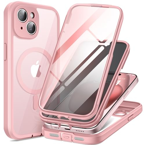 TIESZEN Magnetic for iPhone 15 Case Compatible with Magsafe, [Dustproof Design] Built-in 9H HD Tempered Glass Screen Protector & Privacy Screen Protector & Upgraded Camera Protection, Pink
