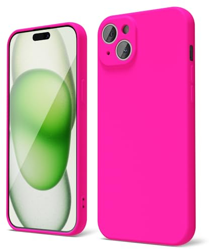 oakxco for iPhone 15 Plus Phone Case Liquid Silicone, Neon Bright Solid Color, Thin Slim Soft Rubber Gel Matte TPU Plain Simple Cover for Women Girl Cute, Hot Pink Fuchsia