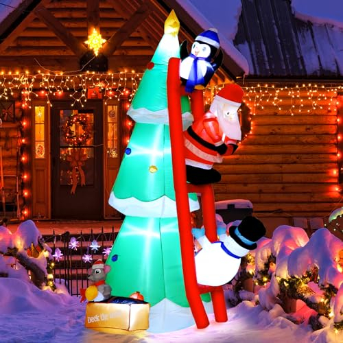 210cm Aufblasbare Weihnachtsdeko Aussen mit LED Beleuchtung,XXL Aufblasbarer Weihnachtsbaum mit Süßem Pinguin, Weihnachtsmann, Schneemann und Kleiner Maus
