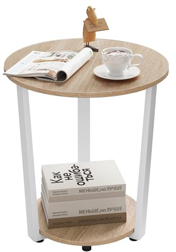 WOLTU Table Basse Ronde, Table d'Appoint à 2 Étagères, avec Cadre Métallique, pour Salon Balcon Chambre à Coucher, en Bois Composé et en Métal, Chêne Clair, BTS13hei