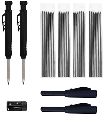 Tischler Bleistifte Set, 2 Solide Zimmermannsbleistifte mit 24 Bleistiftmine, Tieflochmarker Bleistift mit Eingebauter Spitzer für Bohrlochmarker auf Holz, Metall, Betonfliesen (Schwarz)
