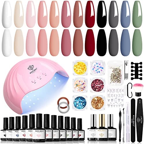 modelones UV Nagellack Set mit UV Lampe 48W,12 Farben Rosa Weiß Grün Gellack Set Starterset -Gel Nagellack -Gelnägel Set mit Base Top Coat Gelnägel Set Maniküre Set Nagelstudio Set