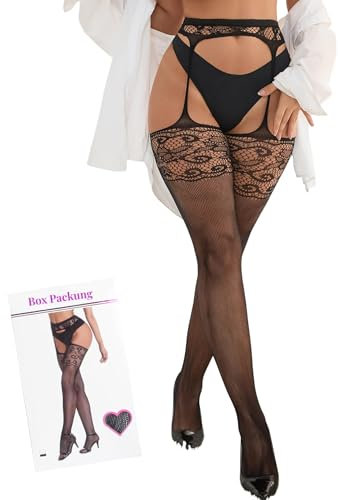 ohyeahlady Collant Résille Grande Taille XS-5XL Collant Porte Jarretelles Integre Bas Resille Femme Autofixant Ronde Porte Jartelle Ensemble Lingerie Hot XS-M,Noir