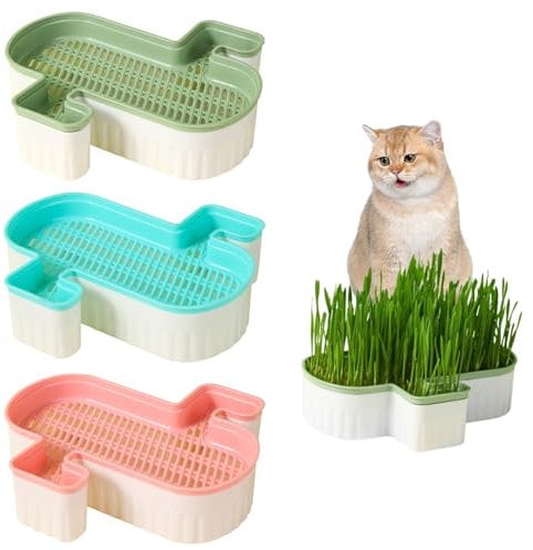 Banziaju 3 Pcs Cat Grass Planter, No-Soil Cat Grass Growing Box with Removable Plastic Liner for Indoor Cats Pets, Sky Blue + Rose + Green (No Seeds Included)