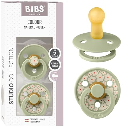 BIBS Colour Studio Schnuller 2er-Pack, BPA-frei, Kirschform Nippel. Naturkautschuk/Latex, Hergestellt in Dänemark, Größe 2 (6-18 Monate), Jasmine Sage