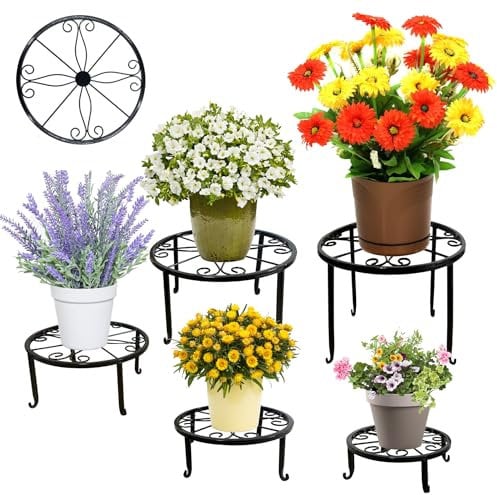 Hmfmdy 5 Pack Metal Plant Stands for Indoor and Outdoor, Heavy Duty Flower Pot Stands, Multiple Plant Rack Holder(5 Heights Sizes), Anti-Rust Round Shelf for Home, Garden, Patio, Tabletop - Black