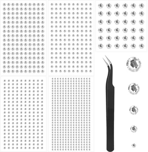 5 Sheets Rhinestone Stickers Self Adhesive Bling Sticker Gems with Pick Up Tweezer, 1006 Pcs Acrylic Crystal Gems Silver Sticky Jewels for DIY Nail Crafts Makeup, 3mm/4mm/5mm/6mm/8mm