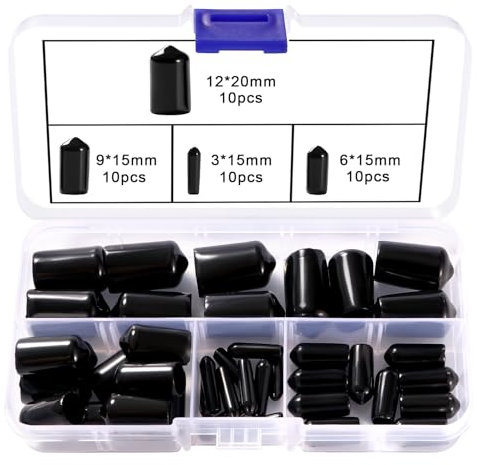YIXISI 40 PCS 3/6/9/12 mm Rubber End Caps Assortment Kit, Round Flexible Screw End Caps Thread Protectors, Round Vinyl Flexible End Caps, for Protection of Screws, Tubes, Cables, Wires, Black