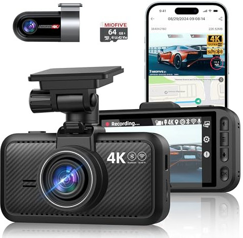 Miofive 4K/4K Dashcam Auto Vorne Hinten, GPS, 5.8GHz Wi-Fi, Dual Auto Kamera mit Nachtsicht, kostenlose 64-GB-Karte, 3-Zoll-IPS-Display,Loop-Aufnahme, HDR, APP Steuerung, Support 512GB Max