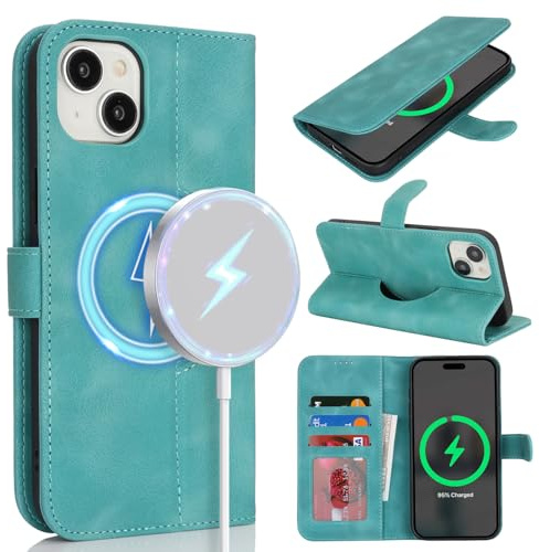 saihamny Handyhülle für iPhone 14 Hülle mit Kartenfach für Frauen, Hülle für iPhone 14 Klapphülle Handytasche Flip Brieftasche Schutzhülle mit Kartenfächern für Männer-Türkis