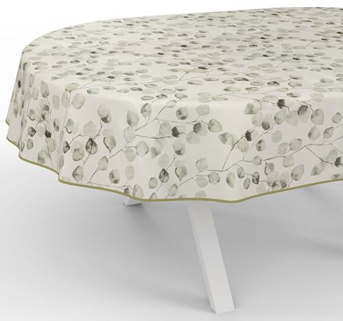 Wachstuchtischdecke Wachstischdecke Wachstuch Tischdecke abwaschbar Gartentischdecke Wasserabweisend Oval 200x140cm mit Saum (Eingefasst) Eukalyptus