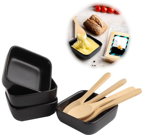 JTgugu 4 Stück Keramik Dipschalen Set mit Holzlöffel Kleine Dipschälchen Snackschale Quadratische Dessertschalen Mini Snack Dip Schalen Set für Saucen BBQ Dessert Sushi Soja Tomatensauce - Schwarz