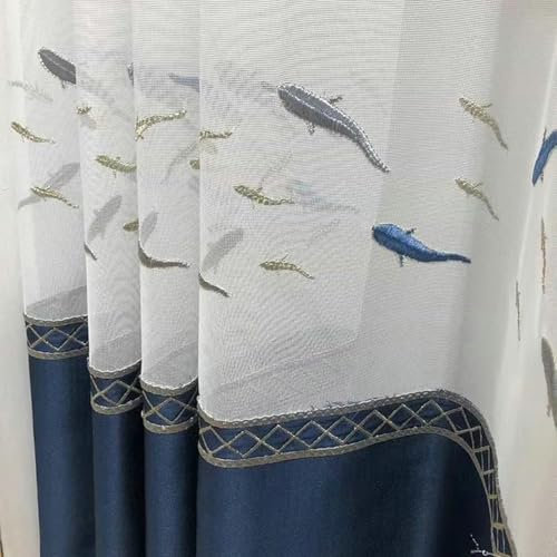 Wycian Wohnzimmer Gardinen Organdy Vorhang Blau 2er Pack Fische Bestickt Patchwork H138 x B102 cm (2er Pack) Gaze