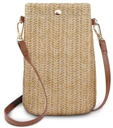 Energather Mobile Phone Pouch Bag, Woven Straw Small Phone Bag Mobile Phone Bags for Women, Portable Crossbody Phone Bag with Detachable Strap for Travel, Shopping (khaki)