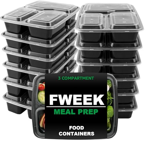 FWEEK 25 Stück Meal-Prep-Boxen, 3 Fächer, 1000 ml für Camping und Picknick | Schwarze Boxen mit 3 getrennten Fächern für Hauptgericht, Beilagen und Snacks; Behälter mit Deckeln für Meal Prep