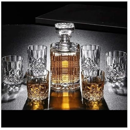DEFBOW Bar Accessories Nordic Style Whiskey Decanter Sets Engraved 7 Piece Wine Aerator Lead-Free Crystal Glass Wine Decanter Holds Up to 750ml Liquor Decanters
