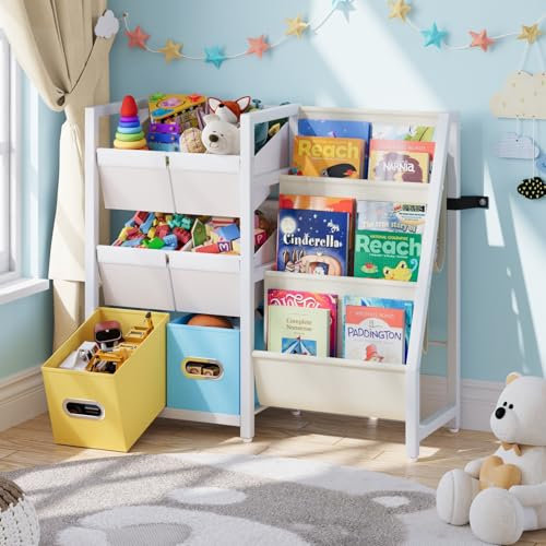 HAVLOTII Kids Bookcase, 3 Sling Book Shelf Kids Room, Kids Bookshelf with Storage, Small Childrens Bookcase with 6 Toy Storage Bins, Montessori Book Display Rack for Children‘s Room