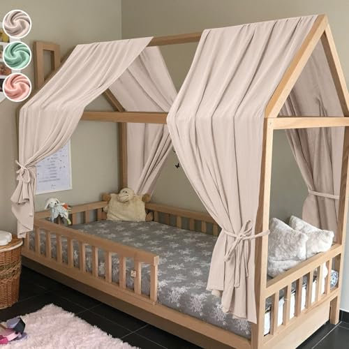 HOTUT Hausbett Himmel,2 Stück Betthimmel Babybett aus Musselin,Weich und atmungsaktiv Baldachin Kinderzimmer Deko,Babybett Himmel Deko Set für Mädchen & Jungen-130 x 320cm Beige