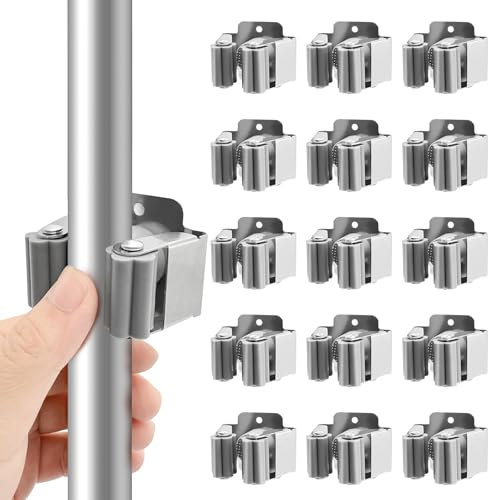Pack of 15 Broom Holder Wall Silver Broom Holder Broom Holder Stainless Steel Broom Handle Wall Mount Broom Shovel Holder for Kitchen, Home, Bathroom, Garage, Garden Tools