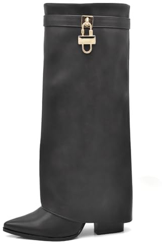 IF FASHION Stivali Alti A Punta Gambale A Ghetta Con Tacco Zip Cerniera Luchetto Da Donna A9532 Nero N.39