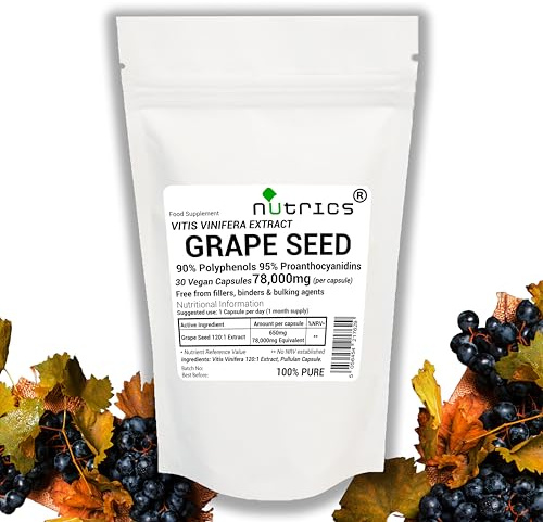 Nutrics® 78,000mg (per Capsule) Grape Seed Extract 120:1 95% Proanthocyanidins 90% Polyphenols Pure 30 V Capsules (1 Month Supply) - Pure Grapeseed