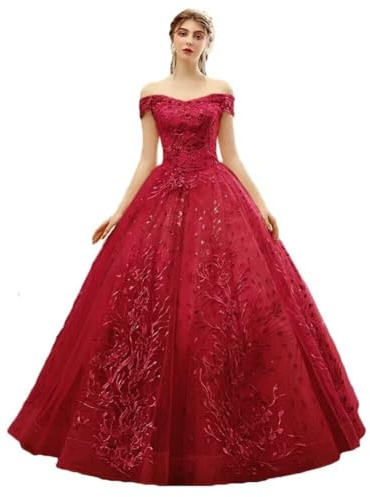 HAIBFJIN Damen Langes Quinceanera Kleid Schulterfreies Tüll Ballkleider Abendkleid mit Spitzenapplikationen