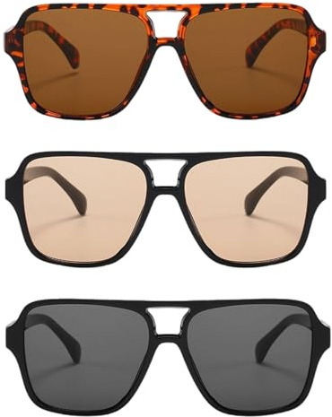 TGKEAIY Occhiali da Sole Retrò Pilot a Doppio Ponte, 3 Pezzi Occhiali da Sole Rettangolari per Donna e Uomo, Stile Classico Quadrato Vintage Moda Occhialis da Protezione UV400 Guida all'aperto Viaggi