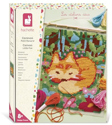 Janod – Kreativset „Fuchs-Wandbehang“ – Einfache Stickerei mit bunten Garnen + Strasssteinen – DIY-Aktivität – Wandbehang-Set Ab 8 Jahren