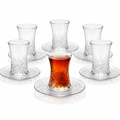 vienberg Teegläser Set 12-teilig, 6 Teegläser 100 ml + 6 Unterteller, Türkischer Tee Glas Kristalloptik, dickwandig, spülmaschinenfest, cadmium- und bleifrei, cay bardak (Diamond)