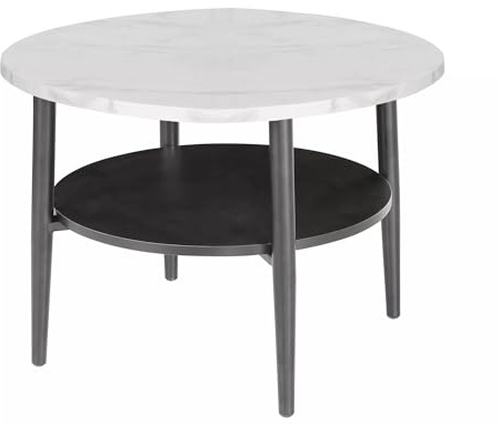 SIGNAL MEBLE Ella, Couchtisch Rund, 45 cm Höhe, 60 cm Durchmesser, Marmoroptik, Weiß, mit Schwarz Metallgestell, 2 Ebenen