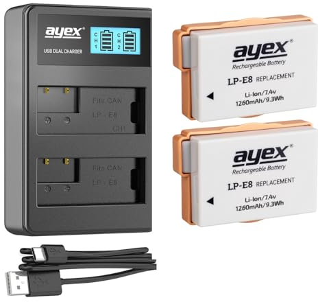 ayex Power-Paket mit 2X LP-E8 Akku + USB Dual-Ladegerät Passend für zB Canon EOS 550D 600D 650D 700D