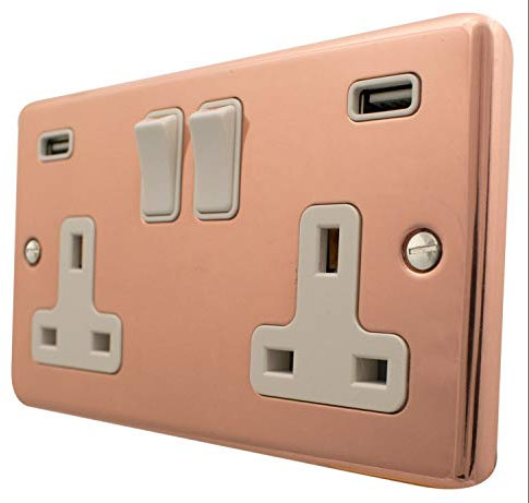 G&H CBC910W Standard Plate Bright Copper 2 Gang Double 13A Switched Plug Socket USB