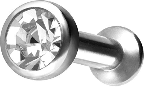 PIERCINGLINE Chirurgenstahl Labret Stecker Gewinde FLAT DISC + KRISTALL Piercing Ohr Lippe Nase Silberfarben 6 x 2,5 mm