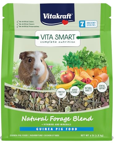 Vitakraft Vita Smart Guinea Pig Food – 4 lbs Bag - High Fiber Timothy Hay – with Vitamins Minerals, Probiotics for Engaging Foraging and Daily Nourishment - Includes Fruits, Vegetables and Vitamin C