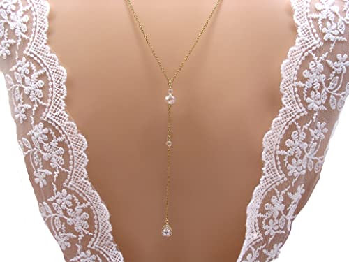 Collier de dos mariage, acier doré, perles transparentes et fleurs strass