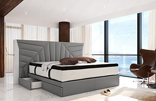 Sofa Dreams Boxspringbett Monaco in Mikrofaser mit Stauraum LED Licht und USB Anschlüssen 140x200 160x200 180x200 200x200 200x220 (140 x 200 cm, Grau-Weiß-m12)