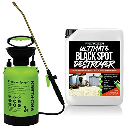 Pro-Kleen Patio Cleaner Garden Pressure Pump 3L Sprayer Manual Action - Brass Lance - 2 x Spare SealS & Black Spot Destroyer 5L - Weed Killer, Pesticides, Herbicides, Insecticides, Fungicides