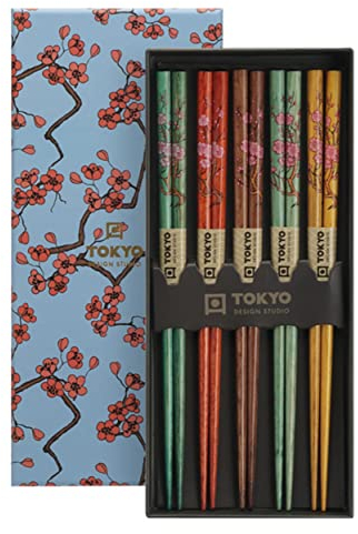 TOKYO design studio ESS-Stäbchen aus Holz, 5-er Set, Sakura, 22,5 cm lang, inkl. Geschenk-Box